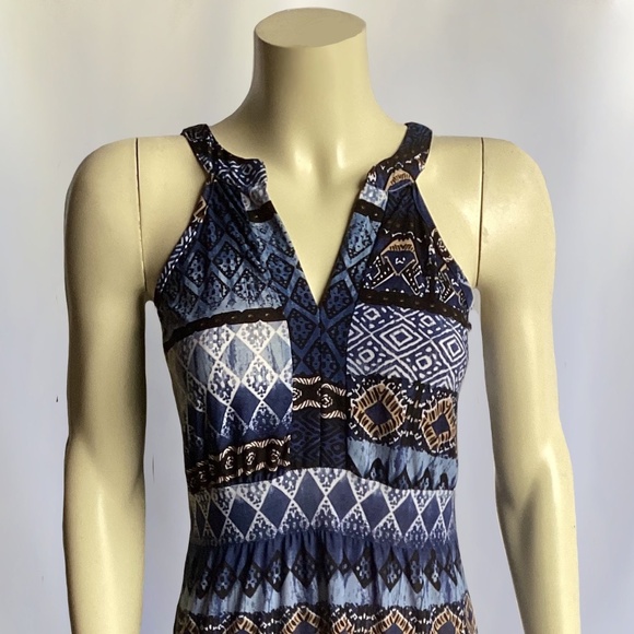 Lavs Blue/Black Multi-Pattern Sleeveless Maxi Dress with Deep V Neckline,and Pee - Picture 1 of 3